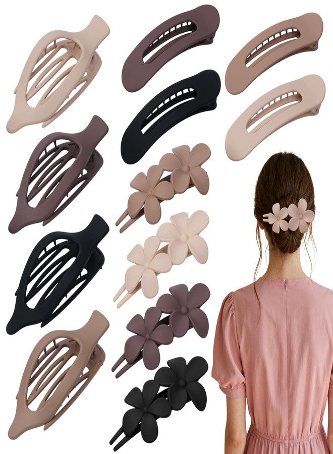 DOGODE 12 Pack Flat Hair Clips Set for Women –Matte Neutral Claw Clips, Flat Barrettes & Flower Hair Pins in Black, Blonde,Light Brown & Dark Brown, Strong Hold Styling Accessories for Thick & Thin Hair - Image 1